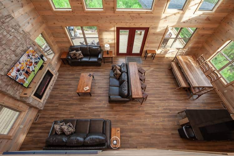 aerial view of smoky mountain cabin living room