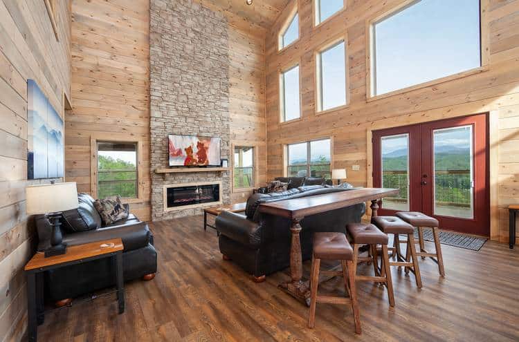 large living room in smoky mountain cabin