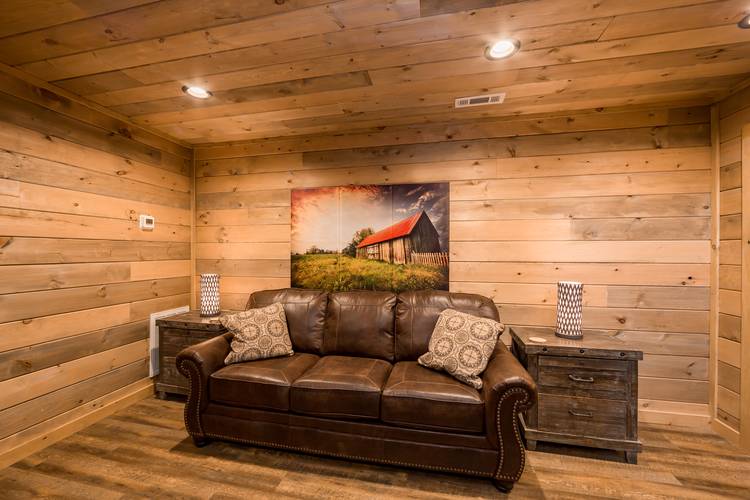 couch in a room with wood walls