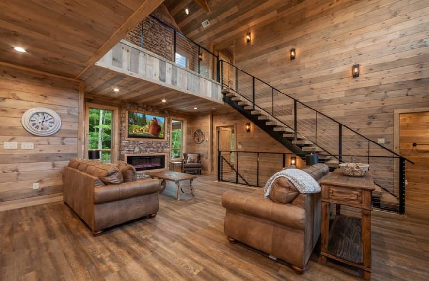 cabin living room and large staircase